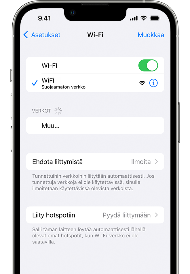 iPhonessa näkyy Wi-Fi-näyttö. Wi-Fi-verkon nimen vieressä on sininen valintamerkki.