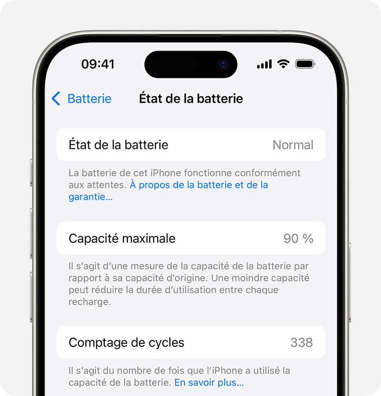 Un iPhone affichant l’écran Réglages > Batterie > État de la batterie