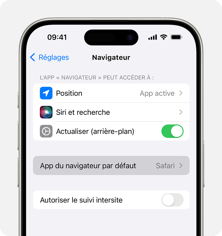 Écran d’iPhone affichant l’option permettant de définir un navigateur par défaut