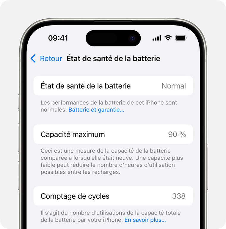 iPhone présentant l’écran Réglages > Batterie > État de santé de la batterie