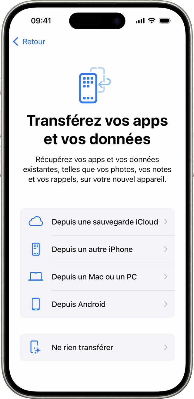 Options Transférer vos apps et données lorsque vous configurez un iPhone sous iOS 18