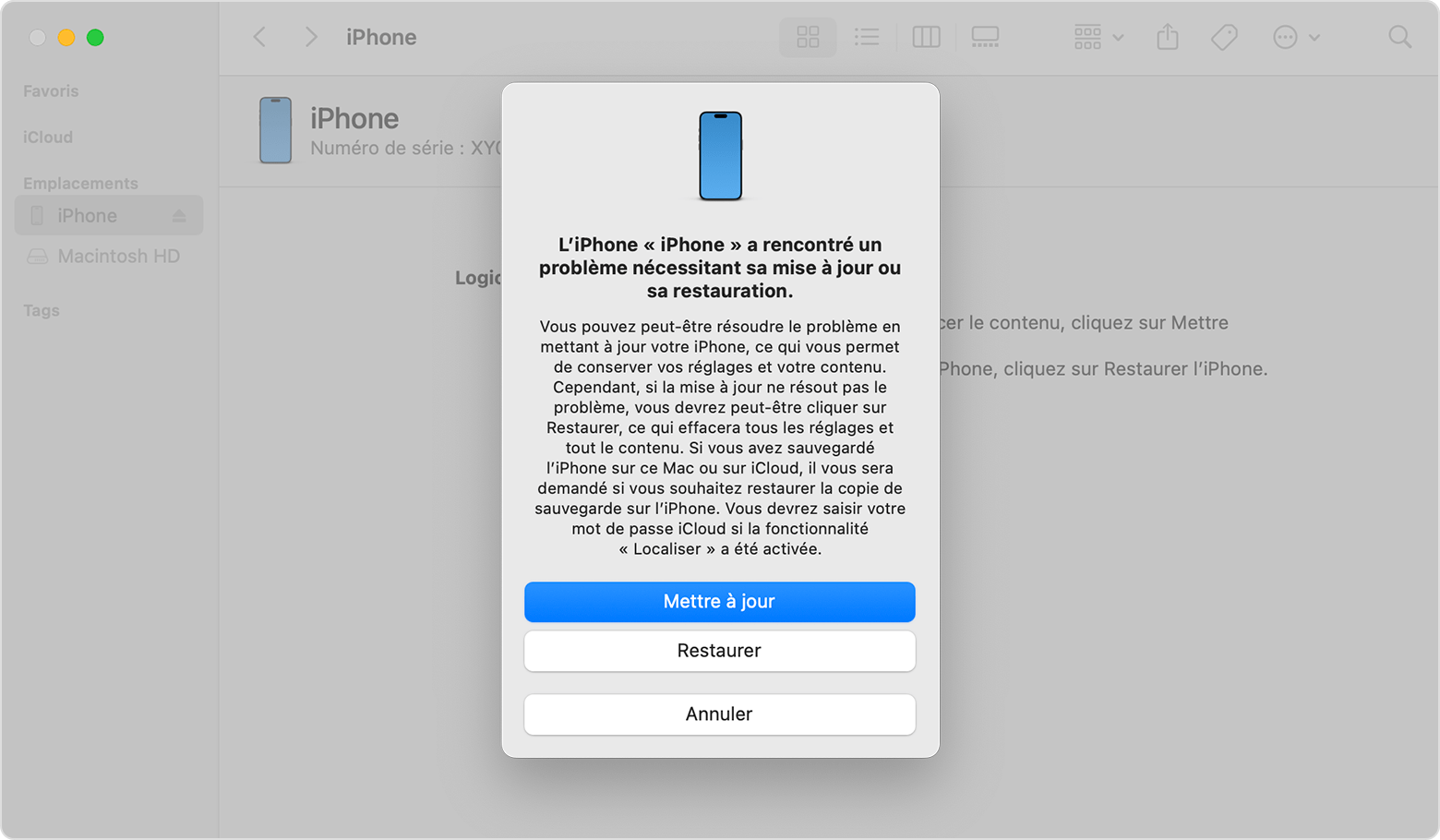 Une fenêtre du Finder affichant les options de restauration et de mise à jour de votre iPhone