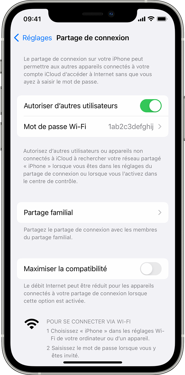 Écran d’un iPhone montrant la barre de partage de connexion.