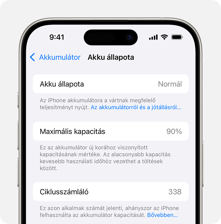 Egy iPhone, amelyen a Beállítások > Akkumulátor > Akkumulátor állapota képernyő látható