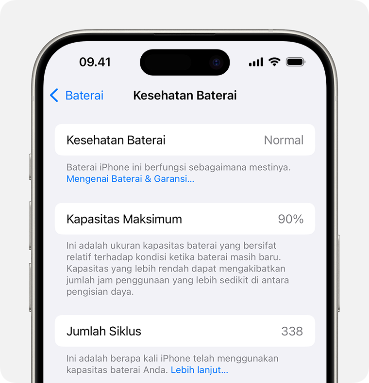 iPhone menampilkan layar Pengaturan > Baterai > Kesehatan Baterai