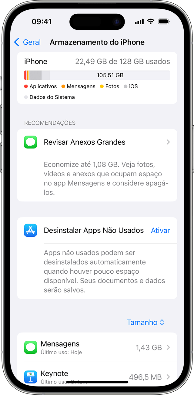 Uma tela do iPhone mostrando recomendações para liberar espaço no dispositivo