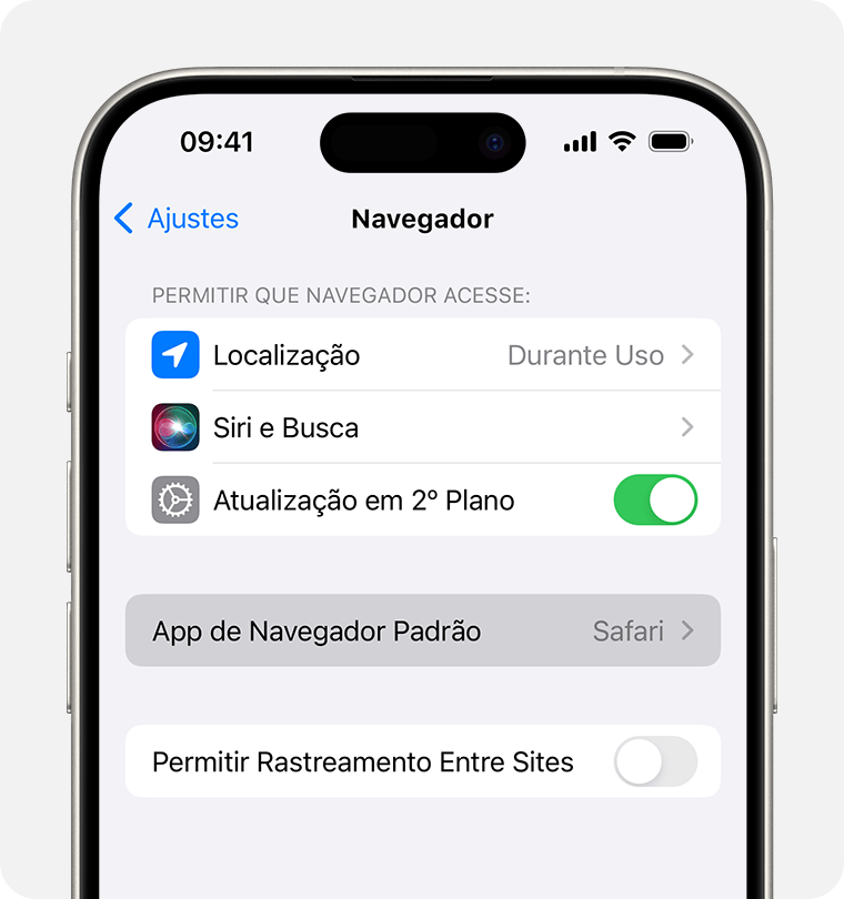 Tela de um iPhone mostrando a opção de definir um navegador padrão