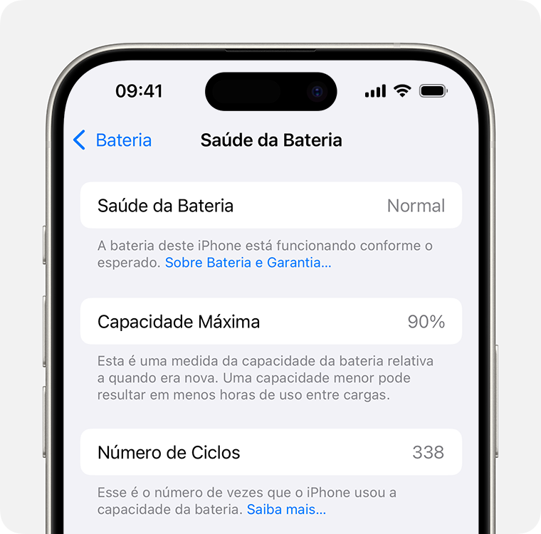 iPhone mostrando a tela Ajustes > Bateria > Saúde da Bateria