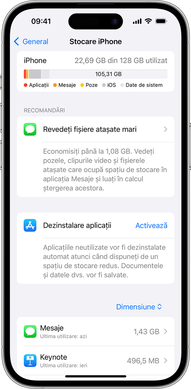 Un ecran de iPhone care afișează recomandările de a elibera spațiu pe dispozitiv