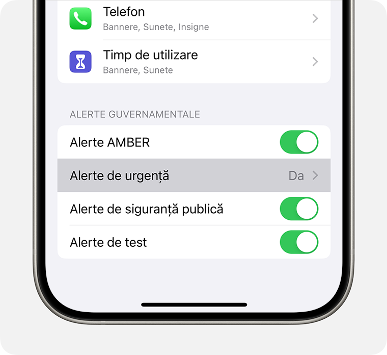 Când selectezi Alerte de urgență, găsești opțiuni suplimentare despre cum să primești alerte.