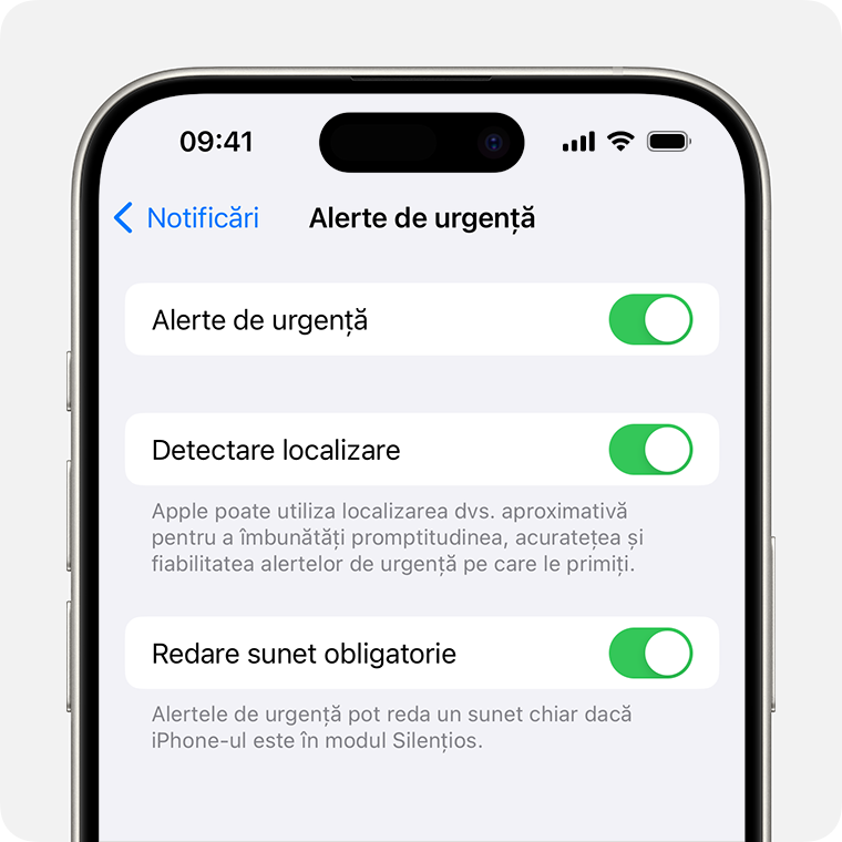 Când activezi funcția Detectare localizare, sporești promptitudinea, precizia și fiabilitatea alertelor de urgență pe care le primești, cum ar fi Alertele de cutremur.