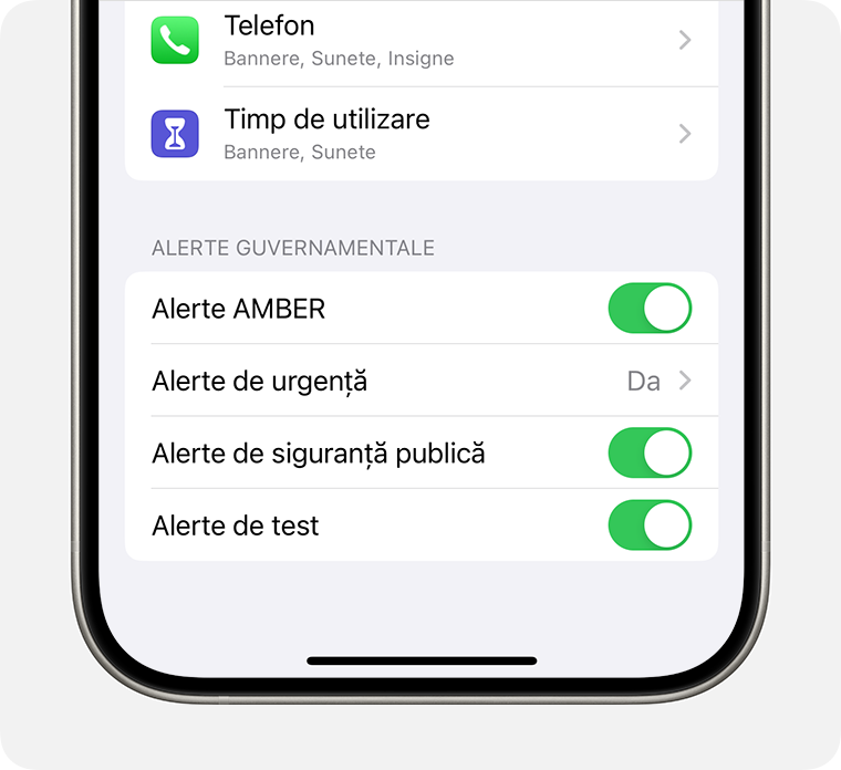 În configurarea Notificări, este posibil să poți activa și dezactiva alertele guvernamentale și de urgență.