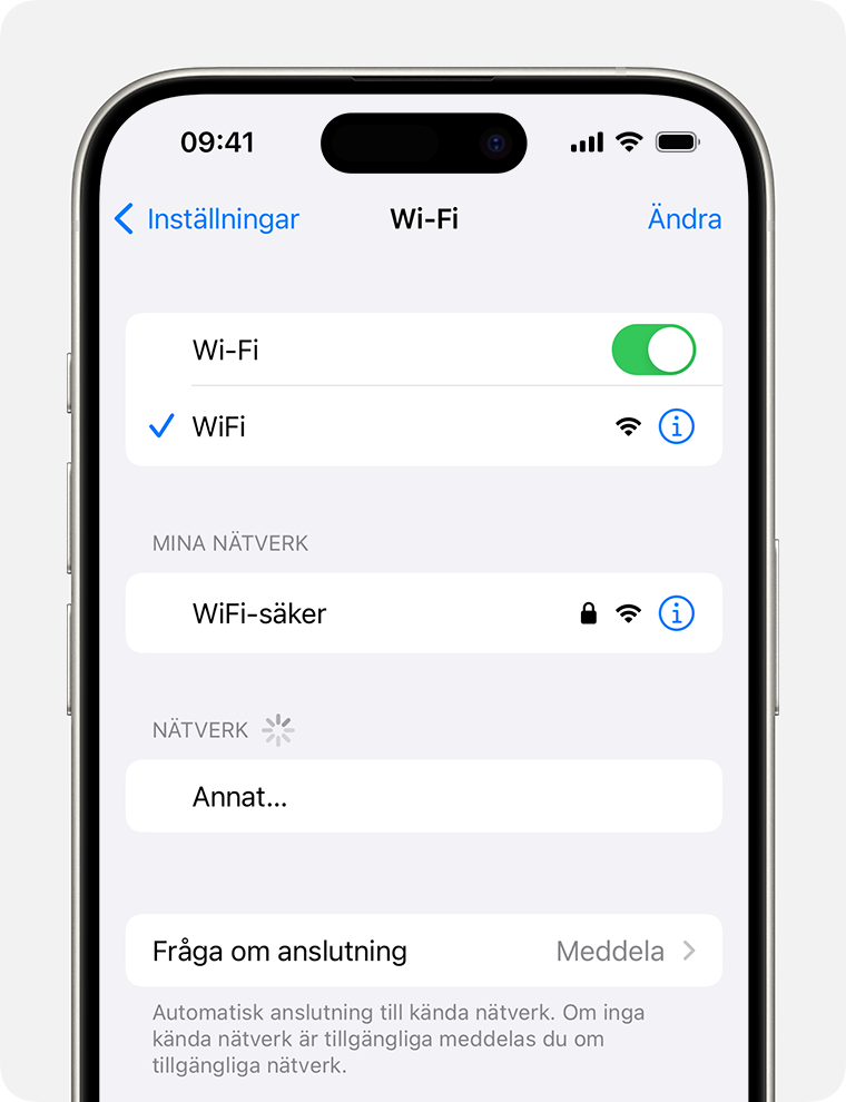 En iPhone som visar Wi-Fi-skärmen. Det finns en blå bockmarkering bredvid Wi-Fi-nätverkets namn.