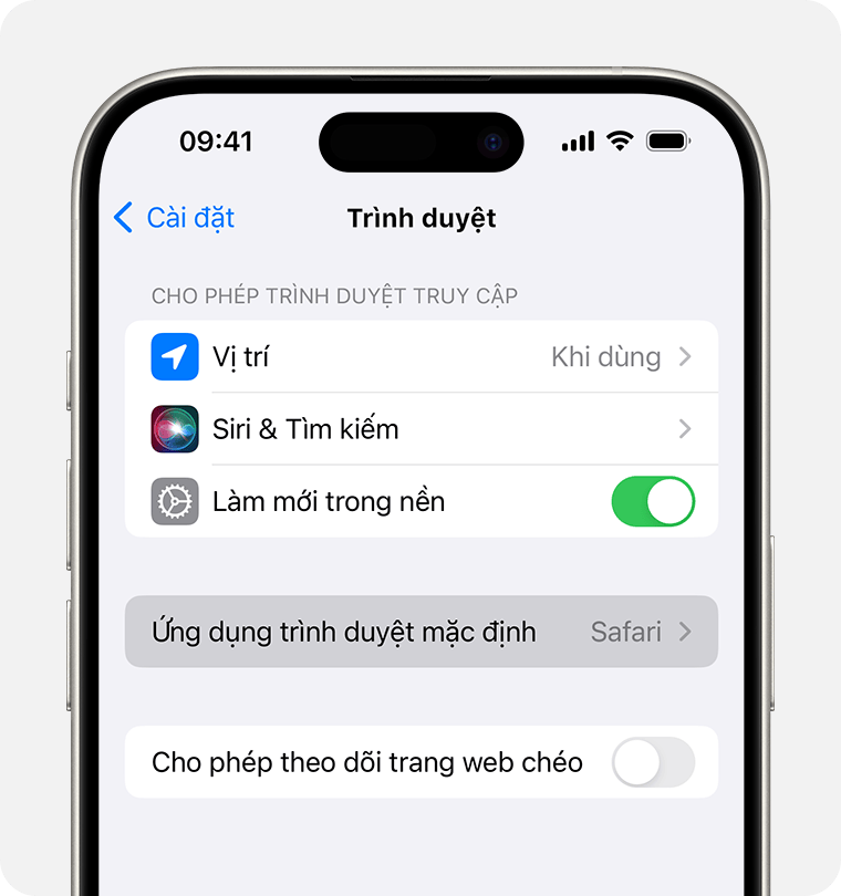 Màn hình iPhone hiển thị tùy chọn đặt trình duyệt mặc định