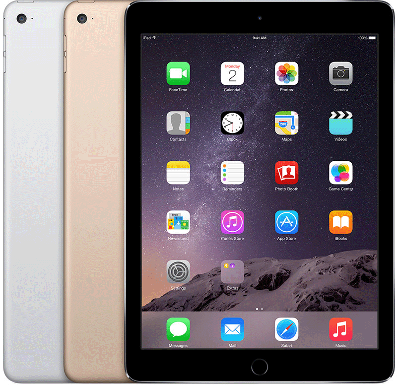 iPad Air 2 har en afrundet Hjem-knap under skærmen og en afrundet udskæring til kameraet på bagsiden