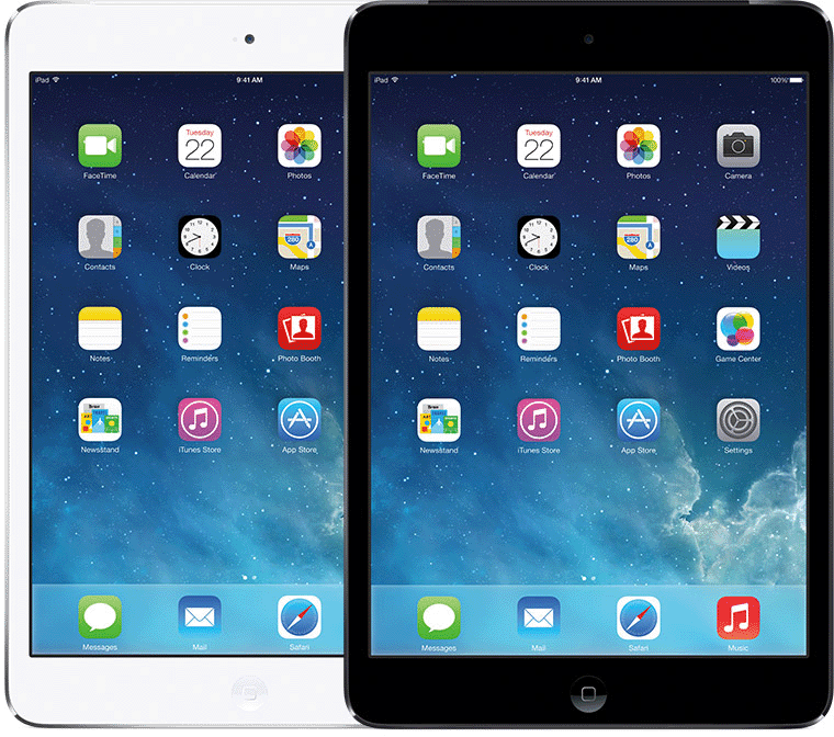 iPad mini 2 hat eine Home-Taste unter dem Display und eine kleine, runde Frontkamera-Aussparung über dem Display