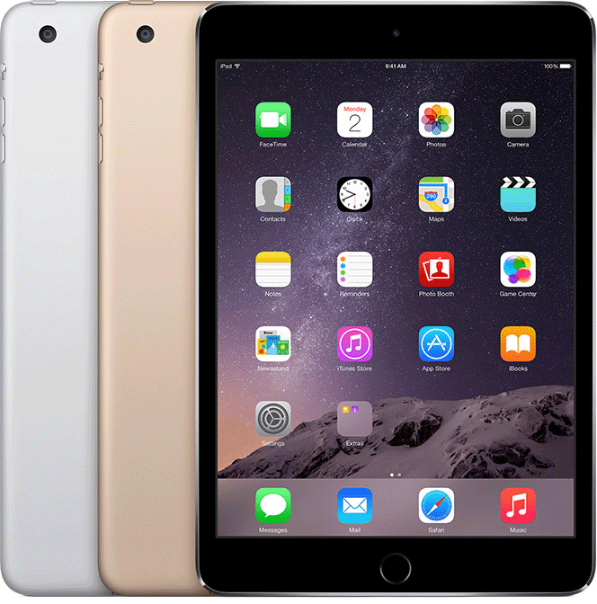 iPad mini 3 hat einen Seitenschalter und eine Home-Taste unter dem Display