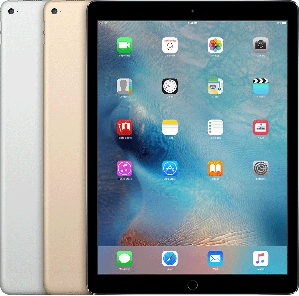 iPad Pro (12,9 inch) có nút Home hình tròn bên dưới màn hình và một lỗ khoét camera sau hình tròn