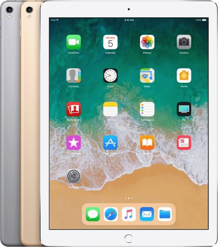 El iPad Pro de 12,9 pulgadas (segunda generación) tiene un botón de inicio circular debajo de la pantalla y una cámara trasera circular