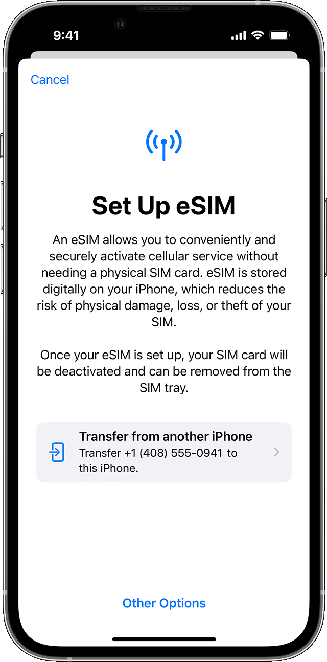 iPhone screenshot of setup of eSIM with option to transfer cellular plan from another iPhone..