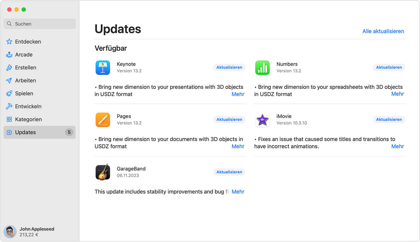 Mac, auf dem die Updates-Seite im App Store angezeigt wird.