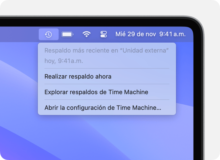 Menú de Time Machine en el que se muestran detalles del último respaldo