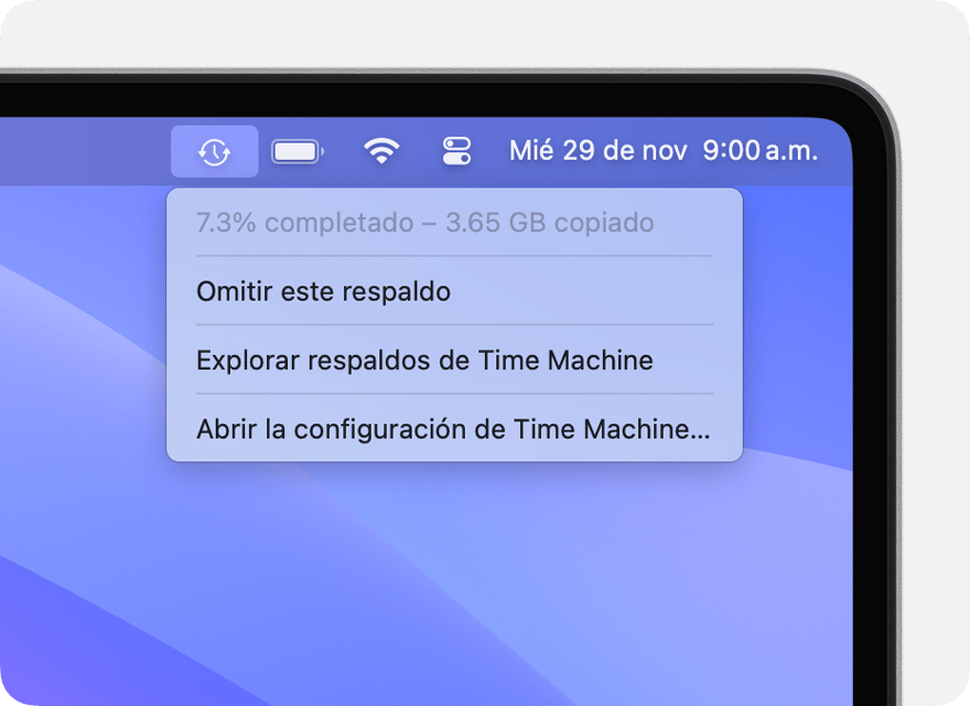 Menú de Time Machine en el que se muestra un respaldo en curso