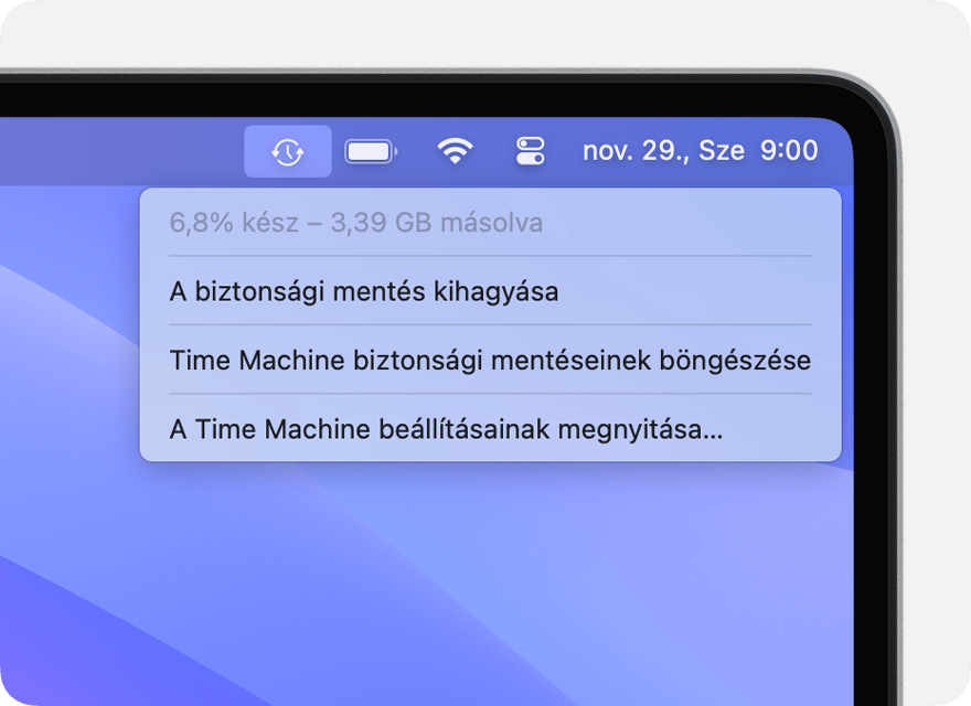 A Time Machine menüje, amelyben egy folyamatban lévő biztonsági mentés látható