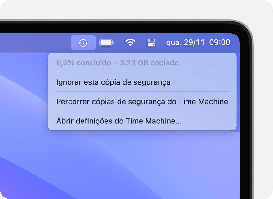 Menu Time Machine a mostrar uma cópia de segurança a decorrer