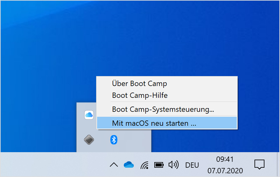 Boot Camp menu in Windows 10