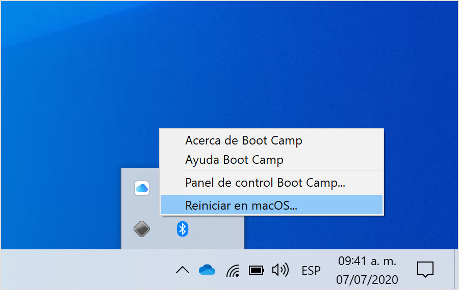 Boot Camp menu in Windows 10