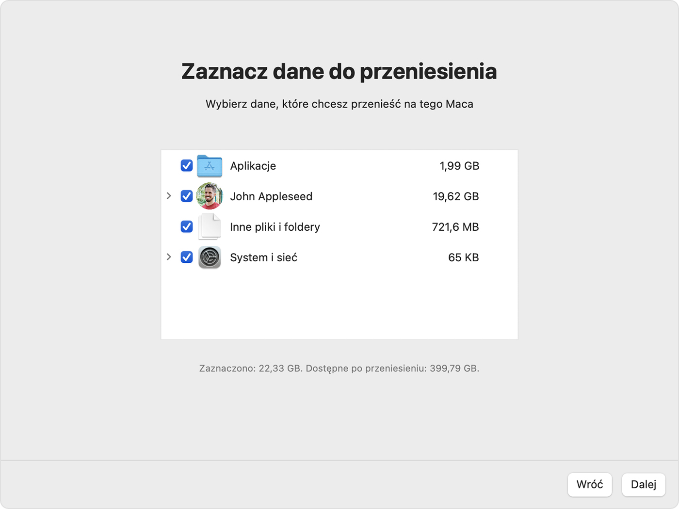 Asystent migracji: Zaznacz dane do przeniesienia