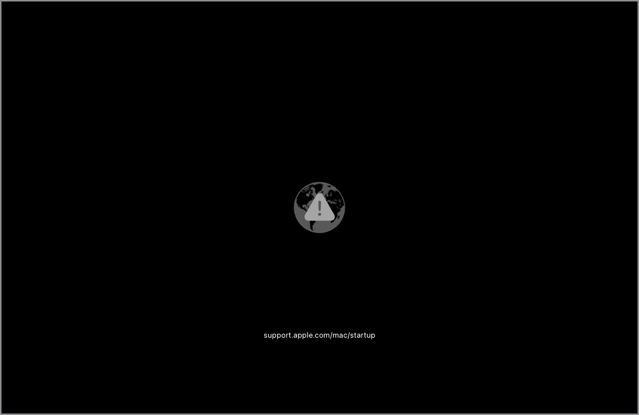 macOS startup screen displaying globe with alert symbol and the URL: support.apple.com/mac/startup
