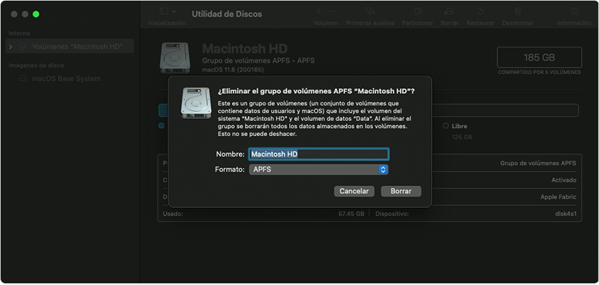 Ventana emergente de Eliminar el grupo de volúmenes APFS en la ventana Utilidad de Discos