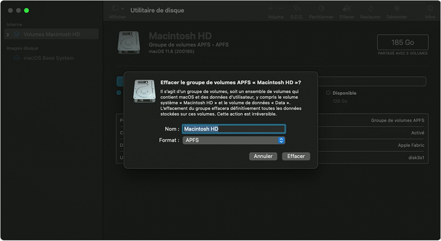 Fenêtre contextuelle Effacer le groupe de volumes APFS de la fenêtre Utilitaire de disque