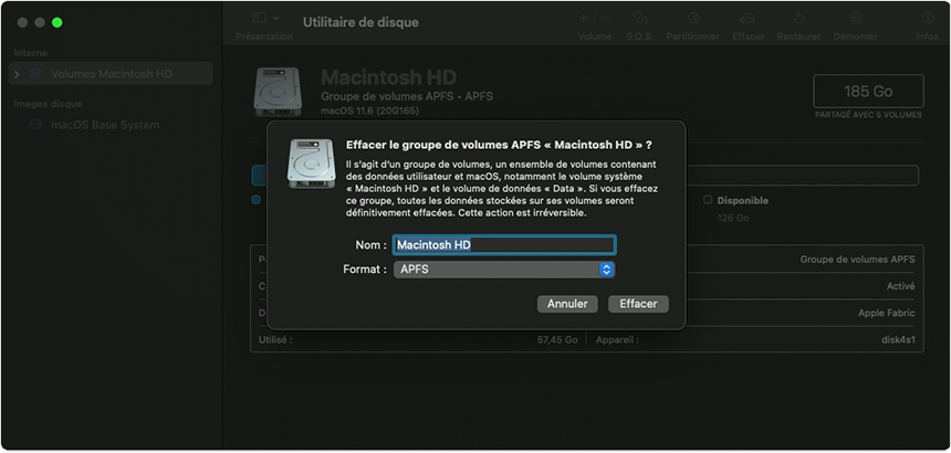 Sous-fenêtre Effacer le groupe de volumes APFS de la fenêtre Utilitaire de disque