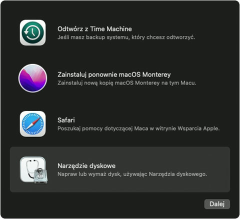 Opcje odzyskiwania systemu macOS z wybranym Narzędziem dyskowym