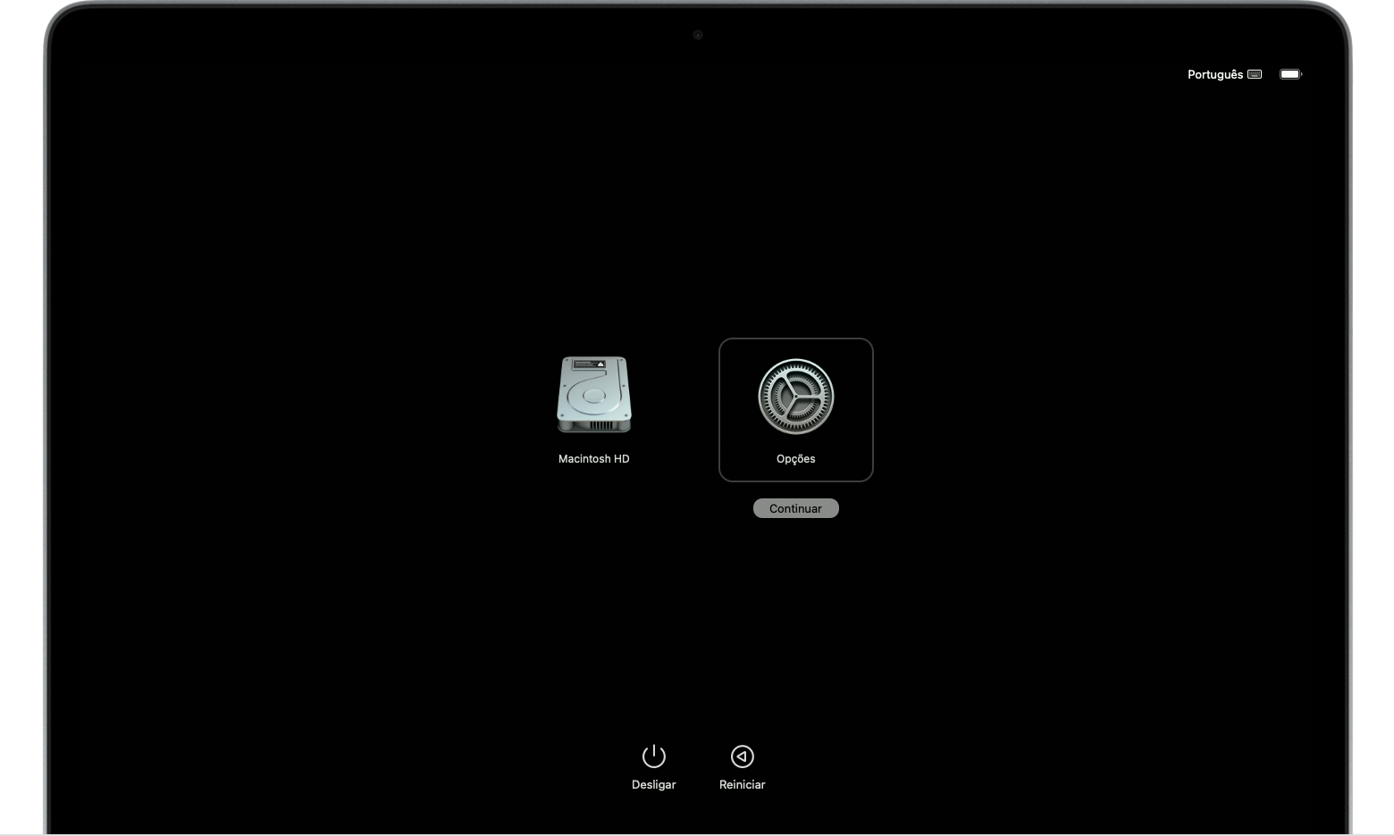 Ecrã de arranque do modo de recuperação com "Opções" selecionado