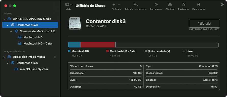 Utilitário de discos: contentores e volumes