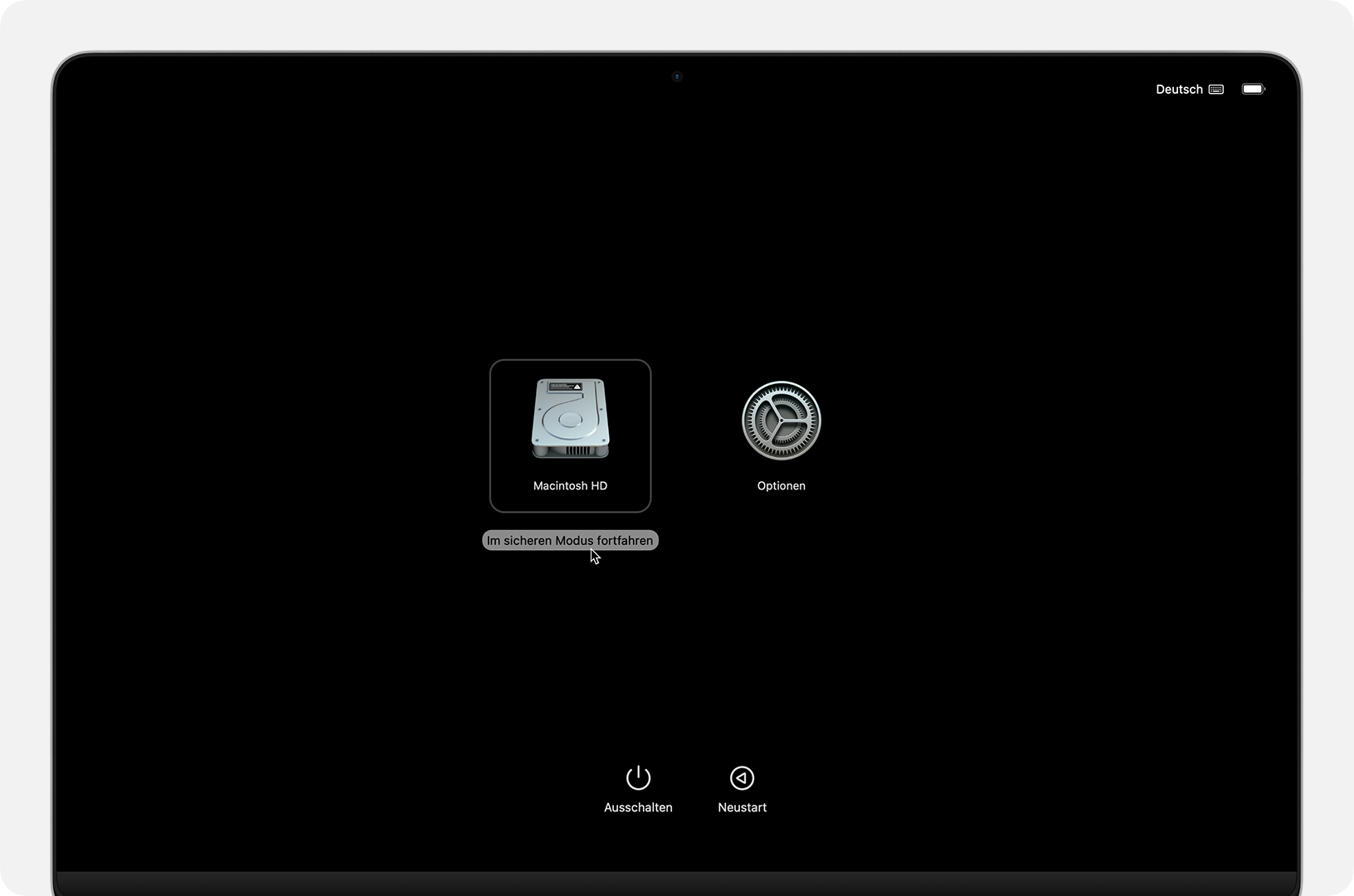 Bildschirm mit Startoptionen, bei der die Schaltfläche „Im sicheren Modus fortfahren“ unter „Macintosh HD“ zu sehen ist