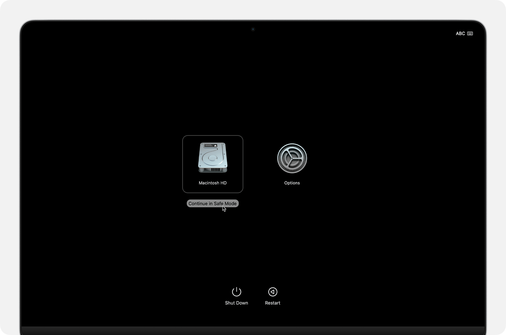 Startup options screen with the Continue in Safe Mode button shown under Macintosh HD