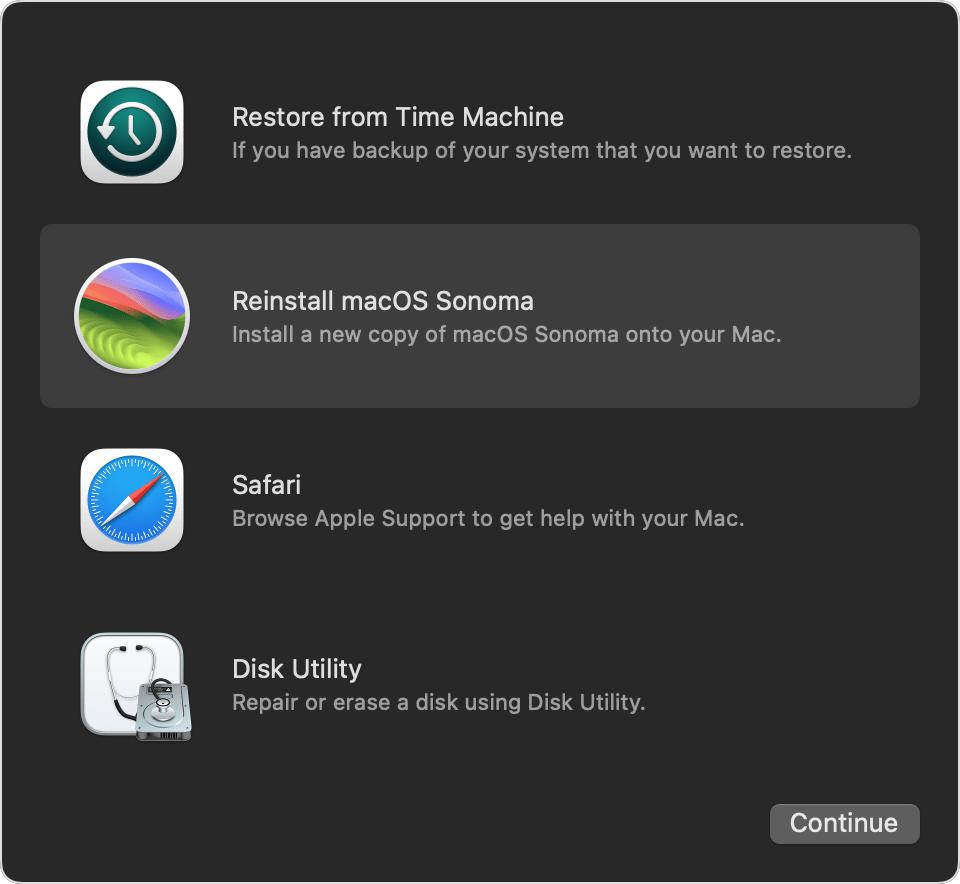 「macOS 復原」中的「工具程式」視窗