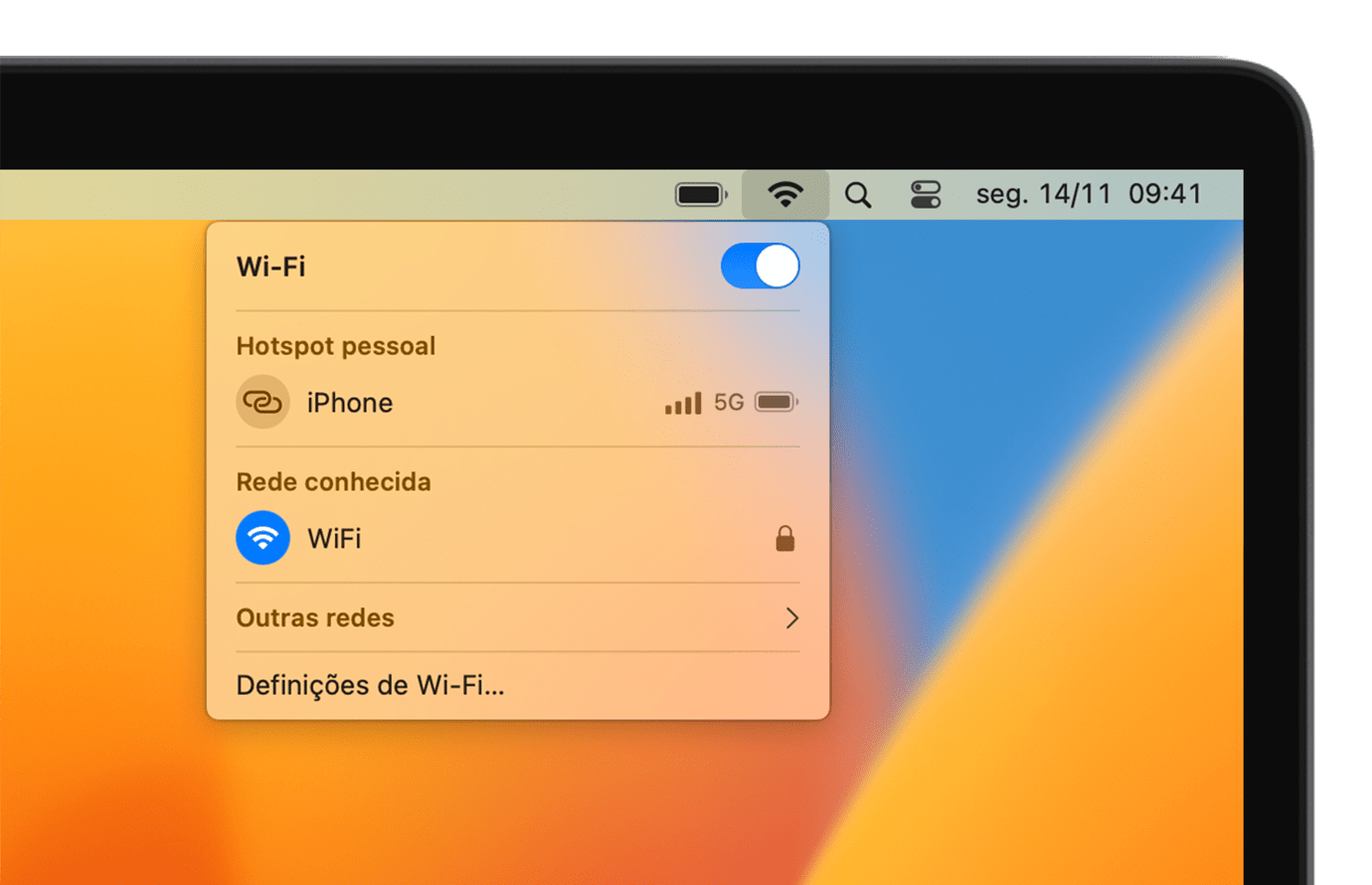 Menu Wi-Fi a mostrar um Hotspot pessoal e uma rede conhecida