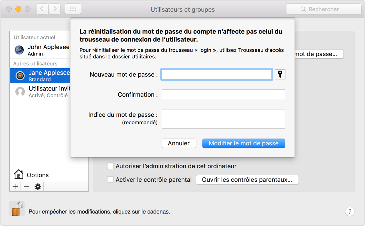 Sous-fenêtre « Utilisateurs et groupes » proposant l’option de saisie et de vérification du nouveau mot de passe