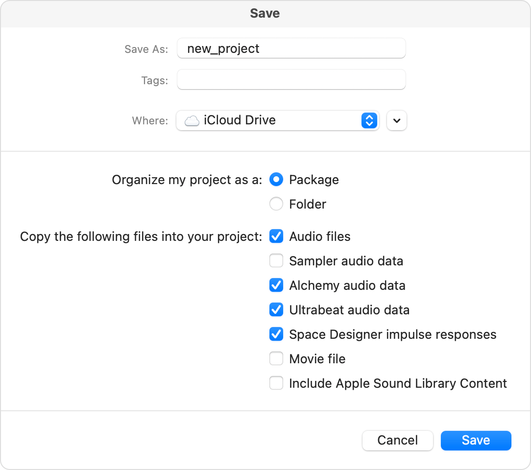 Logic Pro Save dialog with Package selected