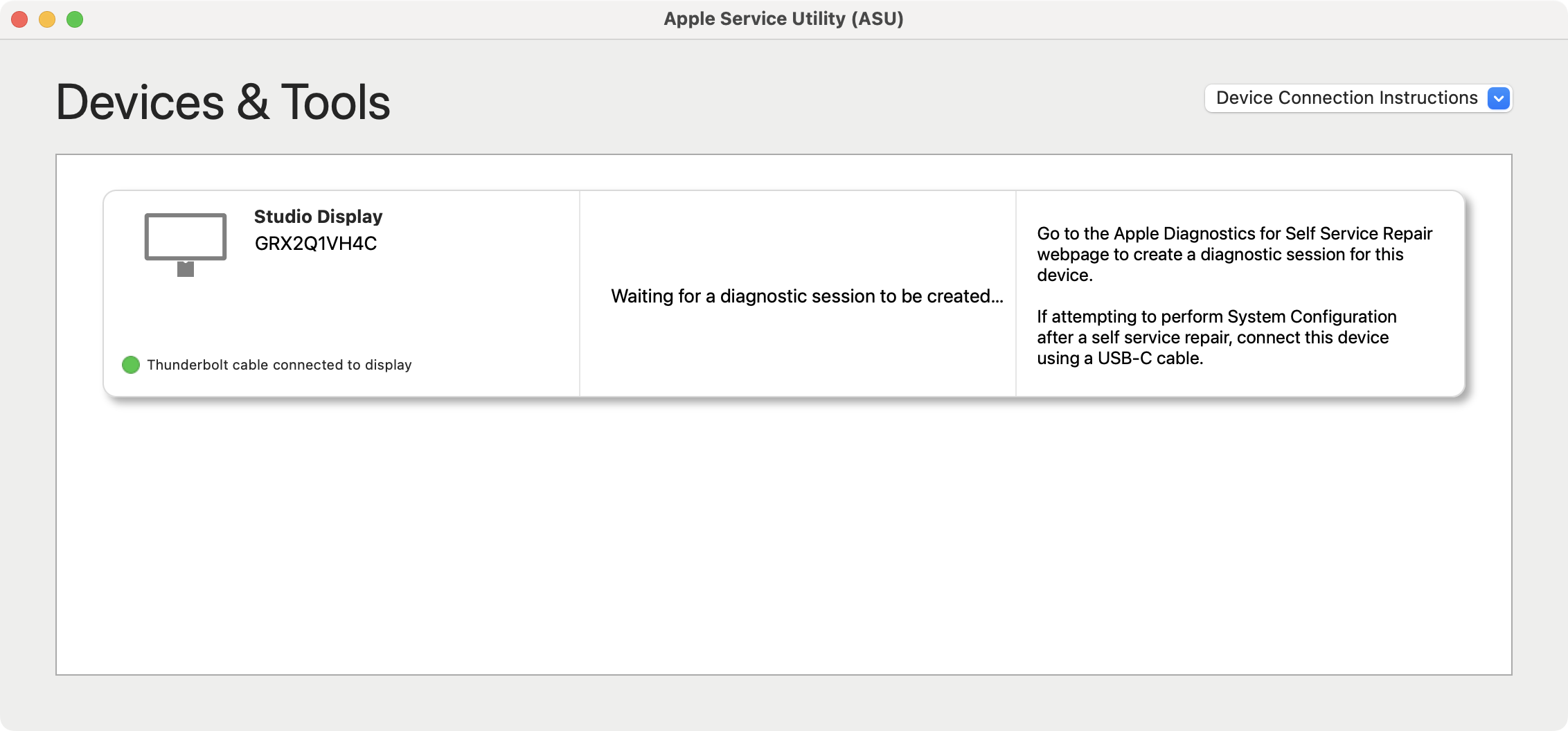 Apple Service Utility waiting for diagnostic sesssion screen