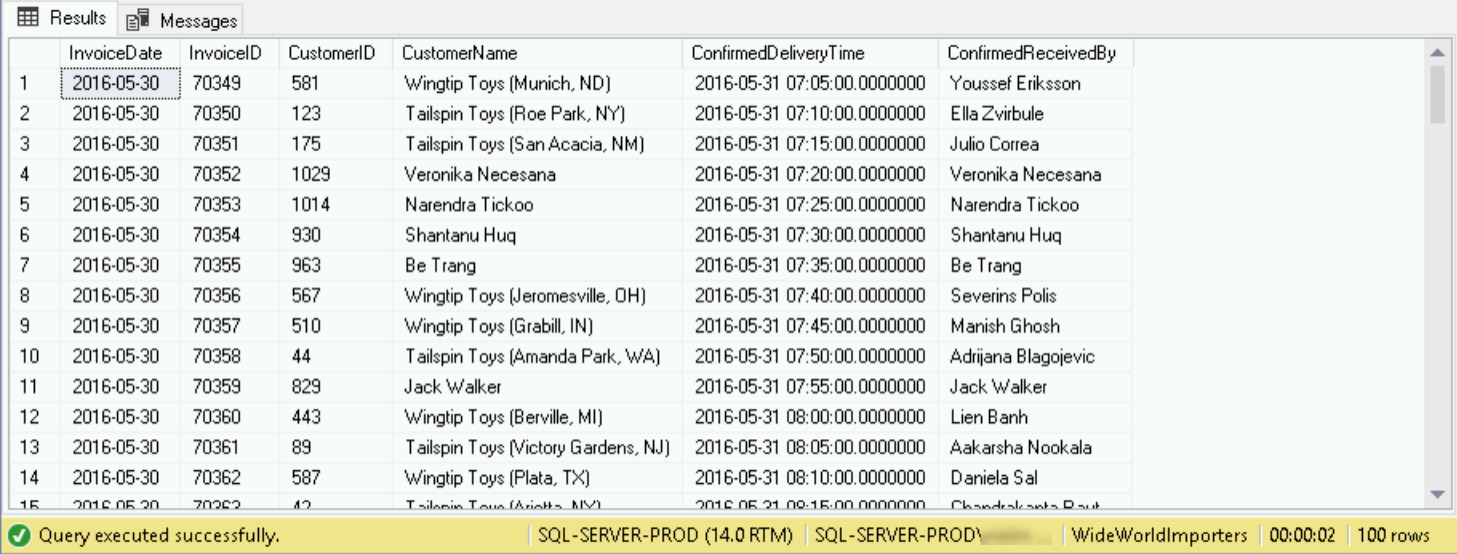 Screenshot that shows the Results pane from a query to the sample database.