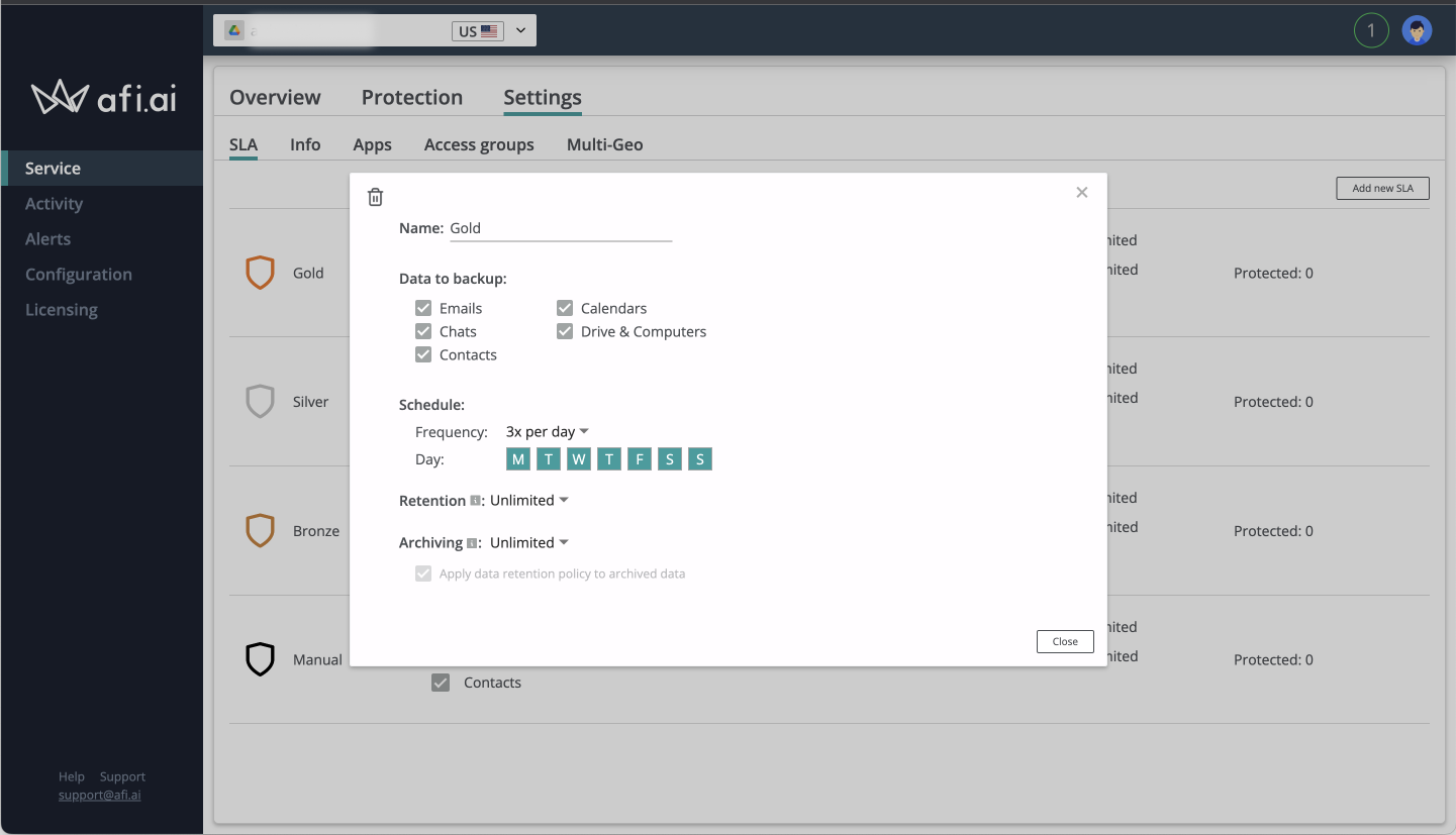 Selecting or clearing required applications in the SLA tab.