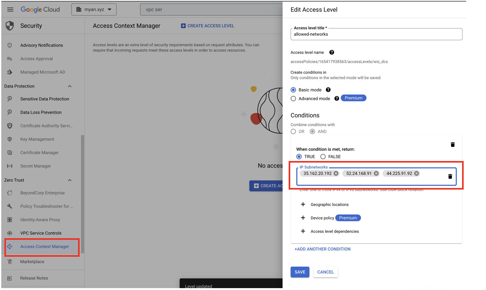 Edit Access Level options.