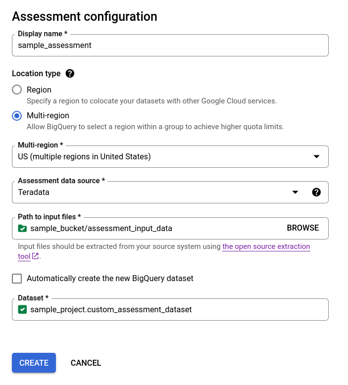 Assessment configuration dialog with manual dataset creation.